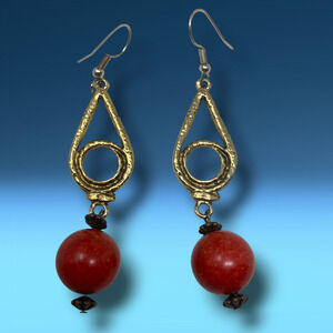 Vintage 1980's Gold Tone Terra Cotta Bead Long 2.5" Dangle Earrings Avant Garde